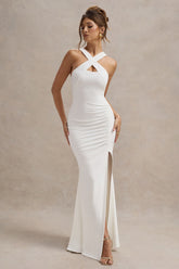 White Cross Over Halter-Neck Split Maxi Dress